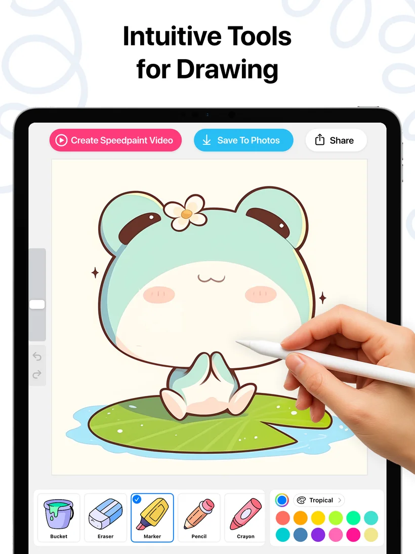Intuitive drawing tools: bucket, eraser, marker, pencil, crayon and color palettes