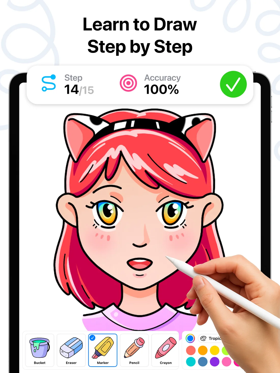 DrawUp learn to draw app showing a step by step drawing lesson with 100% accuracy score
