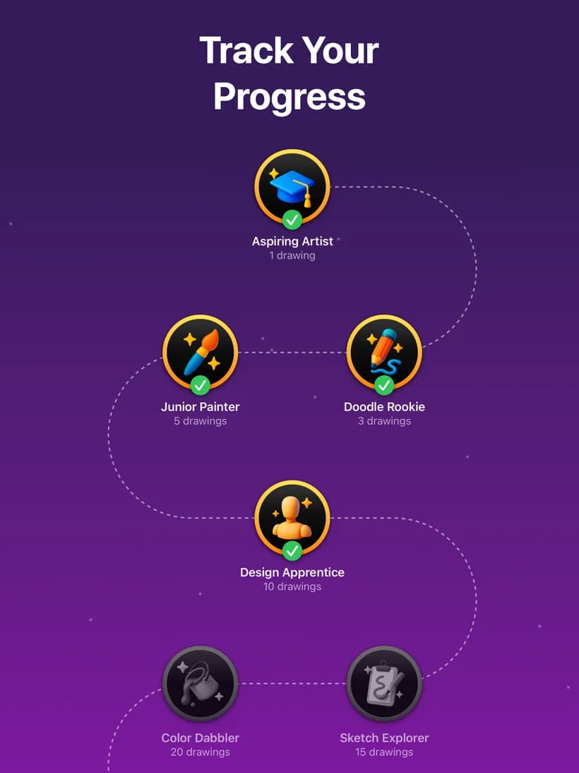 Achievement badges tracking drawing progress in DrawUp