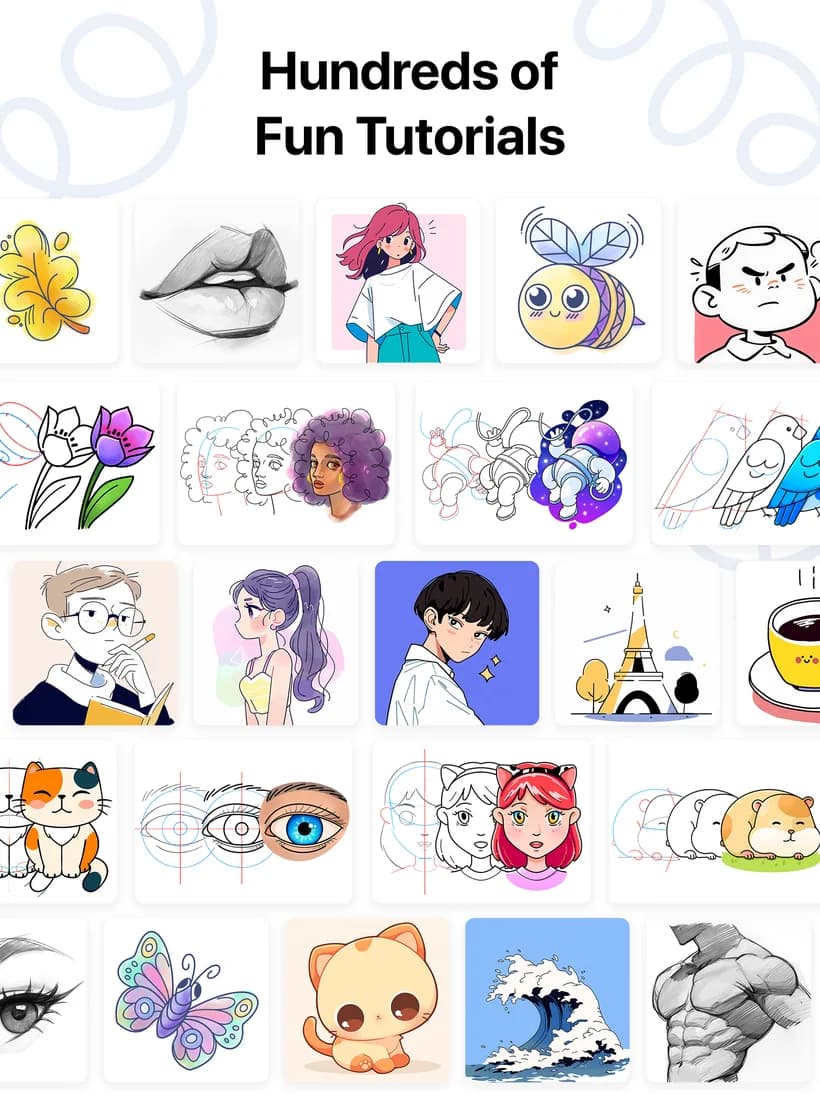 Library of hundreds of drawing tutorials: anime, animals, faces, flowers